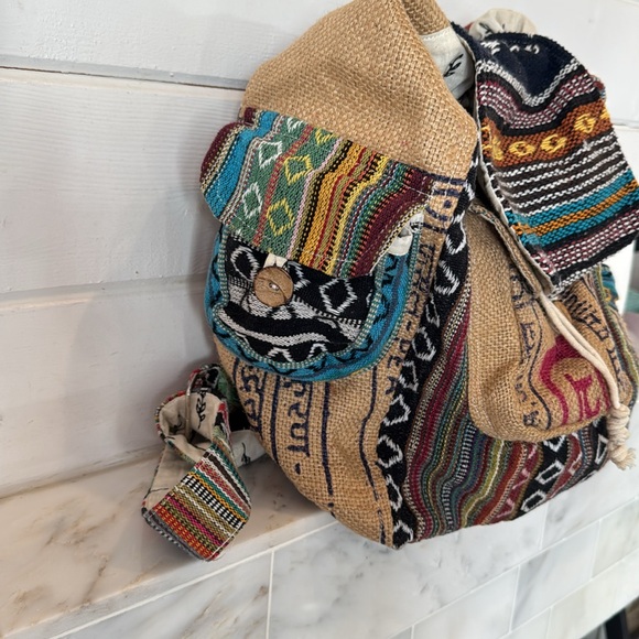 Rice Love Recycled Burlap Multicolor Boho Print Rice Bag Travel Backpack - Picture 7 of 15